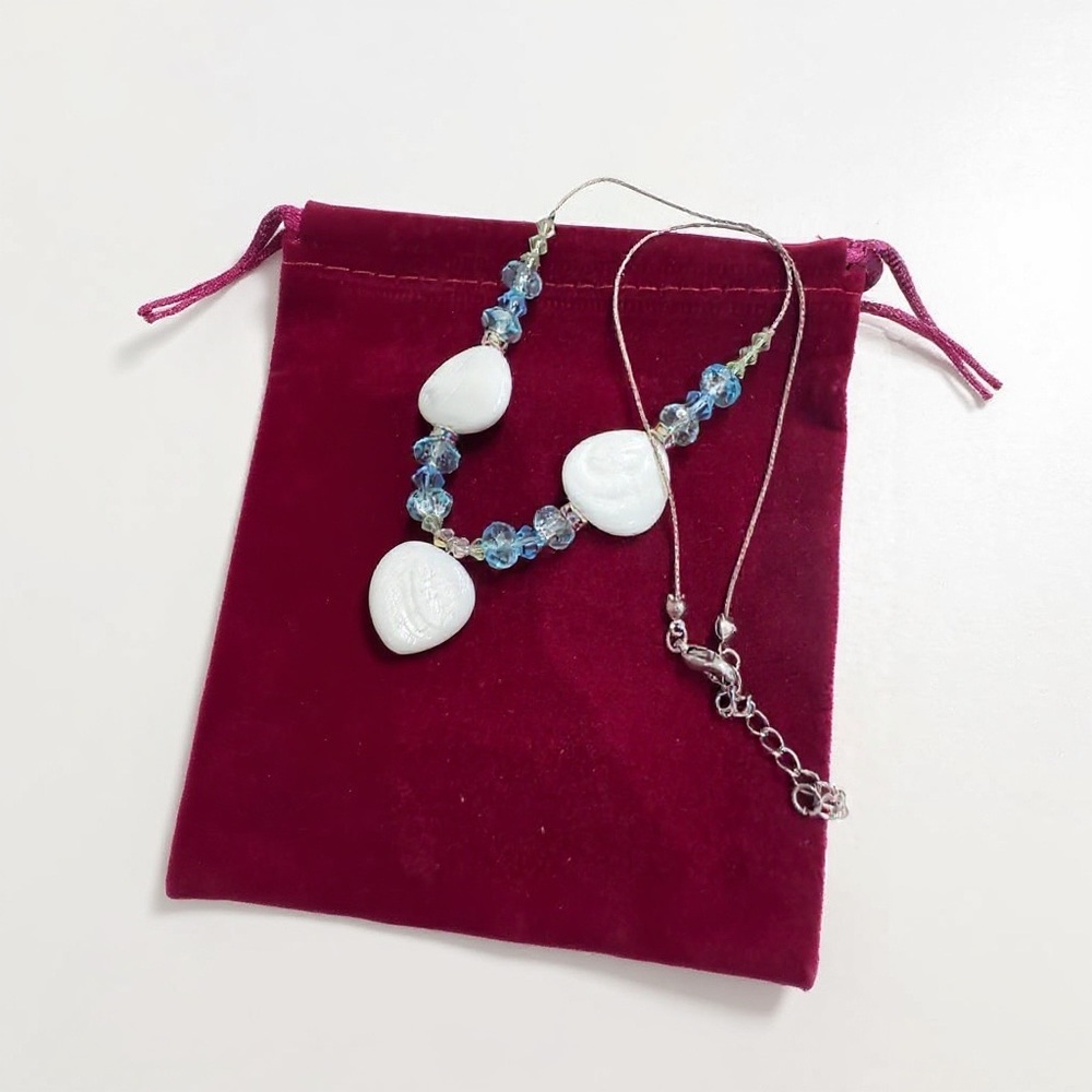 Beaded Crystal Necklace Blue Glass & White Shell Style